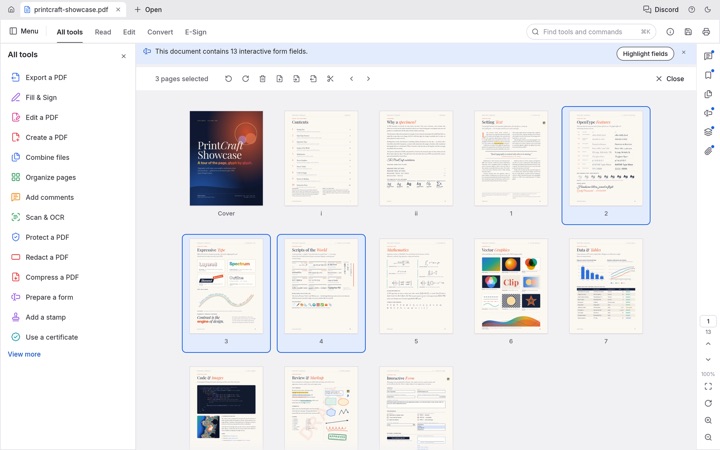 Organize pages view with page thumbnails